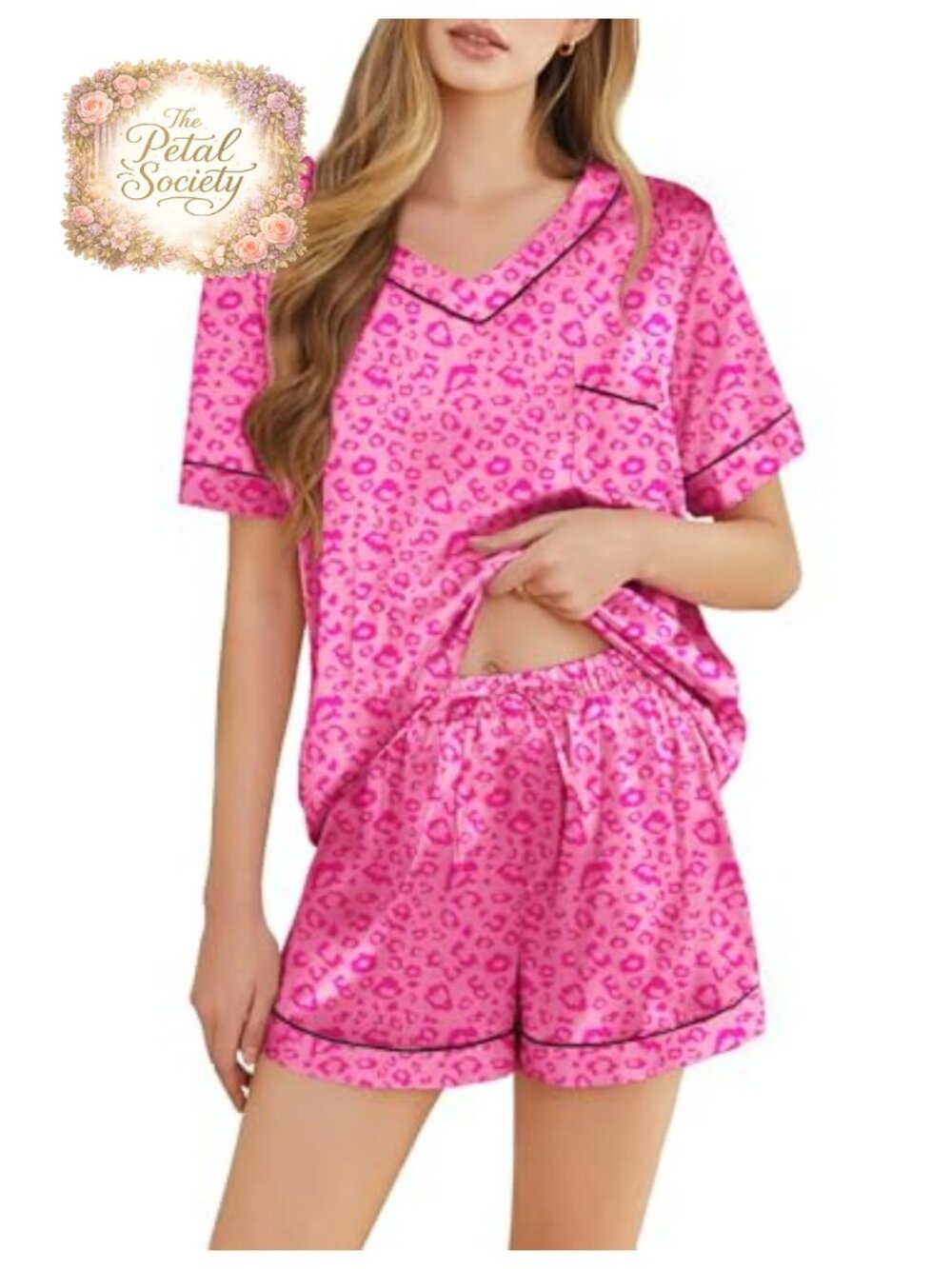Satin Pajama Set Short Sleeve V Neck 2 Piece Sleepwear Loungewear